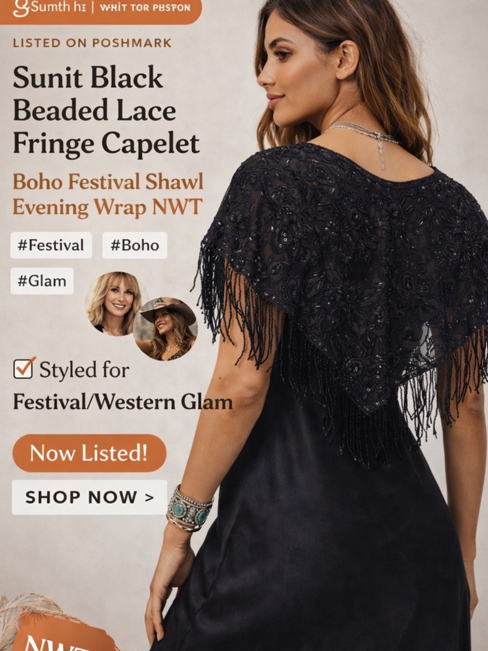 Sunit Black Beaded Lace Fringe Capelet Boho Festival Shawl Evening Wrap NWT